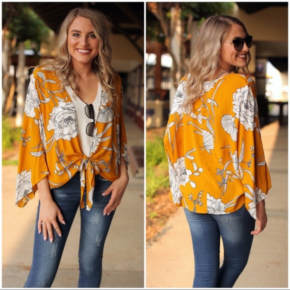 LAST ONE! Mustard Floral Tie Front Tunic - Picture 2 of 4